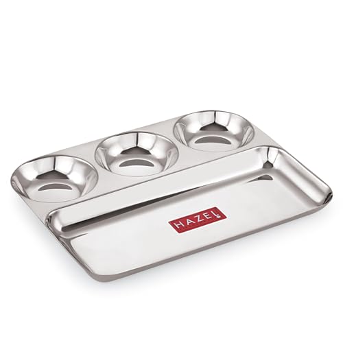 Image of HAZEL Stainless Steel 4 Compartment Section Plate | All in 1 Thali | Divided Lunch Tray for Meals, Portion Control & Daily Dining Use