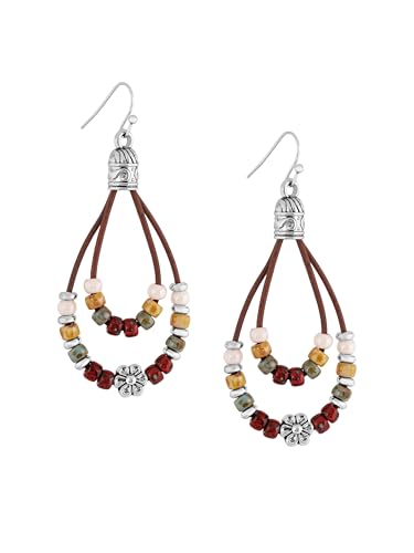MINACHI Statement Boho Drop Earrings with Silver Floral Charm and Colorful Beads, Handmade Leather Loop Earrings for Women