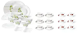 Green Leaves Silk Series Opalware Dinner Set, 35 Pieces, White & Classic Cup and Saucer Set, 145ml, 12-Pieces, White & Red Carnation (LH) Cup and Saucer Set, 140ml, 12-Pieces, White