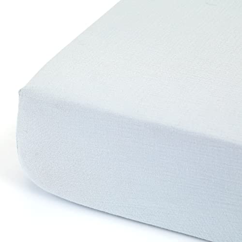 Image of GRSSDER Soft Muslin Crib Sheet 1 Pack, 100% Cotton Crib Sheets with Deep Pocket for Boys and Girls, Fit Standard Crib Mattresses 52 inch x 28 inch Safe and Snug, Misty Blue