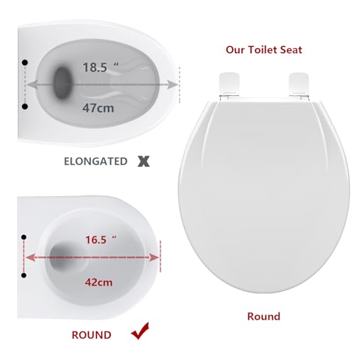 Round Toilet Seat, Slow Close Toilet Cover Seat for Easy Clean and Stain-Resistant, Plastic Toilet Seat With Cover, Quick-Release Hinges and Quick-Attach Hardware,White (2 Piece)