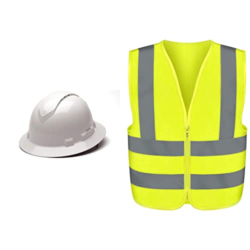 Pyramex Ridgeline Full Brim Hard Hat, Vented, 4-Point Ratchet Suspension, White & Neiko 53942A High Visibility Safety Vest With Reflective Strips | Size X-Large | Neon Yellow Color | Zipper Front #TOP14