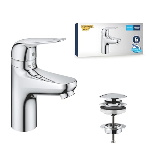 GROHE Swift - Badarmatur mit Verbrühschutz für Kinder (wassersparend, ~16cm hoch, inkl. Montagewerkzeug, Push-Open Ablauf), chrom, 24319001