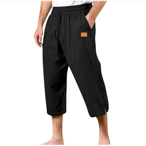 Capri Pants for Men Summer Linen Drawstring Below Knee Shorts with Pockets Casual Baggy Elastic Waist Short Pant