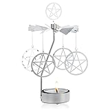 Spinning Tea Light Candle Holder, Silver Pentacle Star Carousel Candle Spinner, Rotary Tealight Display Metal Rotating Witch Decor for Altar Tables, Valentine's Day, Party Decor, Gifts