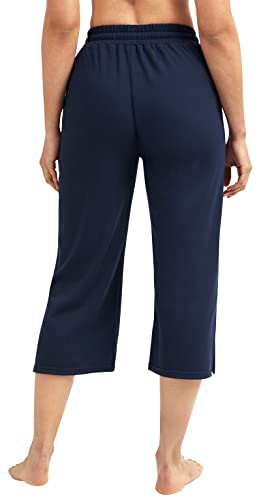 Iuga Wide Leg Capri Pants For Women Drawstring Capris Sweatpants Split Hem Lounge Workout Yoga Pants With Pockets (Navy Blue, Large) #TOP1