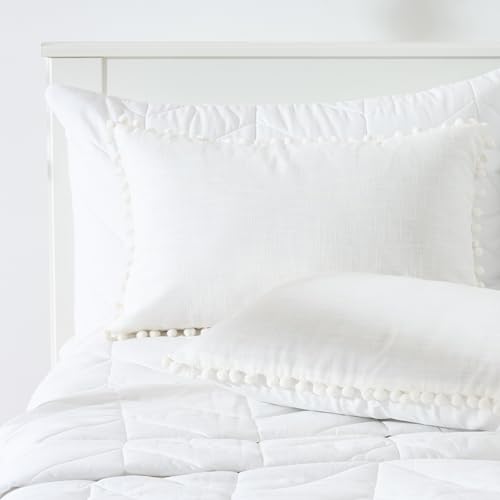 Image of 100% Cotton Pom Pom Cushion Without Filler, Elegant & Modern Cushion Cover for Living Room, Rectangle, 12 inchx20 inch, uni slub, Set of 4 - Half White