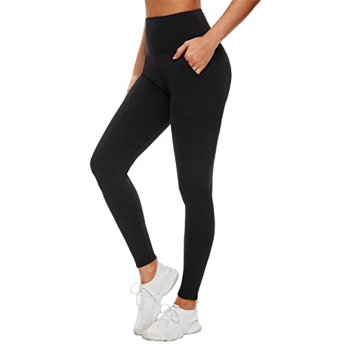 MOREFEEL Leggings with Pockets for Women, High Waisted Tummy Control Workout Black Hip Lift Yoga Pants Activewear (01 Black, Large-X-Large)
