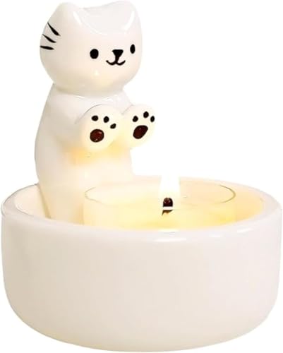 Wohnaccessoires & Deko Süßer Katzen Kerzenhalter Geschenkset Keramik Teelichthalter mit Duftkerze & Schlüsselanhänger einzigartiges Geschenk für Katzenliebhaberinnen und gemütliche Wohnatmosphäre