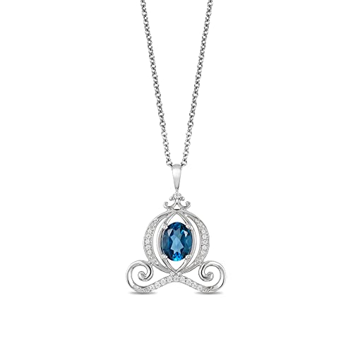 Jewelili Enchanted Disney Fine Jewelry Cinderella Carriage Pendant Necklace for Women | Sterling Silver | London Blue Topaz & 1/10 CTTW Diamonds | 18