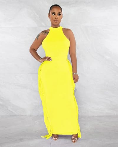 Image of YUEWOO 2 Piece Outfits for Women Sexy Crop Top Ruched Bodycon Maxi Dresses Fringe Skirt Sets Night Club Jumpsuits