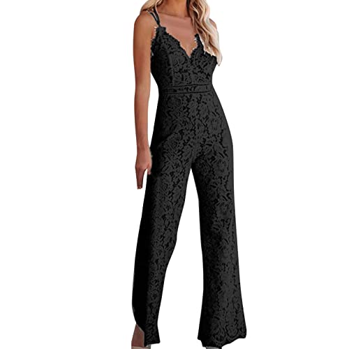 Generisch Mono elegante de verano para mujer, traje de pantalón de encaje bordado, traje de fiesta, club, pelele para mujer, con solapa, Negro , L
