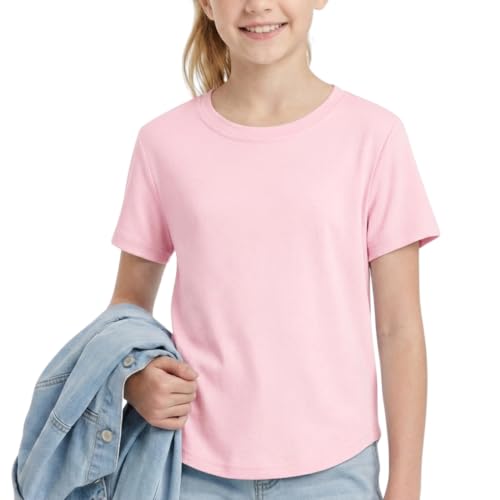 Image of WELAKEN Girls Soft T-Shirt with Curved Hem, Breathable Stretchy Rayon Crewneck Short Sleeve Tees, Kids Everyday Basic Top