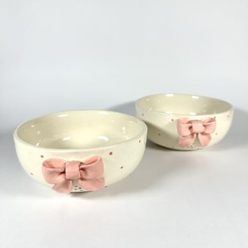 Image of SNS Handmade Ceramic Serving Bowl Set (Set of 2) | Microwave Safe Cute Ceramic Bowl Set | Aesthetic Snack, Salad, Cereal, Dessert & Soup Bowl | Premium Kitchen & Breakfast Bowl (Aira Pink Bow Bowl)