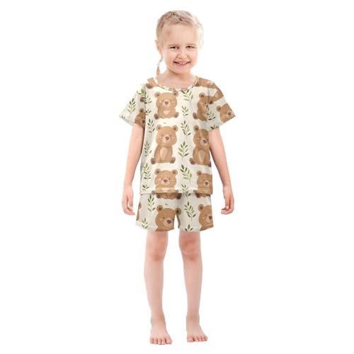 ALAZA Cute Cartoon Bear Pajamas Set Short Sleeve Cotton Sleepwear Summer Pjs 2 Piece 5-14Y3