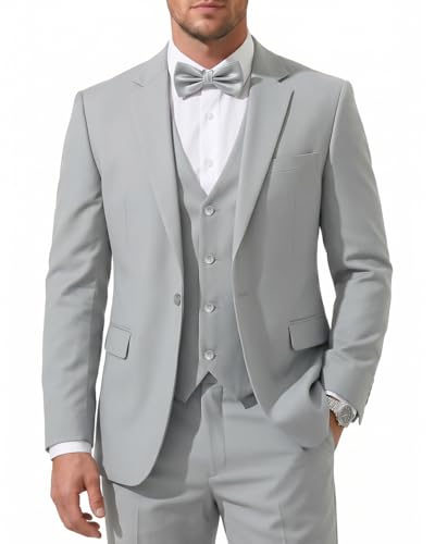 Men's 3-Piece Slim Fit Suit with Bow Tie, Single Button Blazer Vest Pants Set for Wedding Business, Formal Suit for Men Light Gray