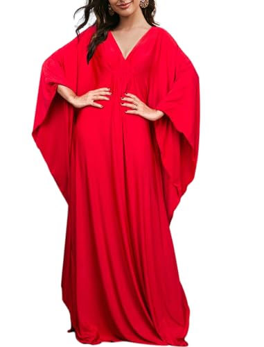 EDOLYNSA Women's Casual Red Kaftans Plus Size Beach Dress Long Bathing Suit Cover-ups Turkish Caftan Loungewear Resort Wear