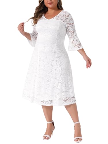 Image of Agnes Orinda Plus Size Women's Lace Wedding Dress V-Neck 3 /4 Sleeve Midi Swing Evening Bridesmaid Dresses