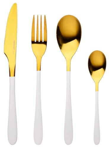 BERGNER Lisboa | Besteck Set aus Edelstahl | 16-teiliges Set in Weiß und Gold | Ergonomische Griffe | Besteckset | Metallic-Look