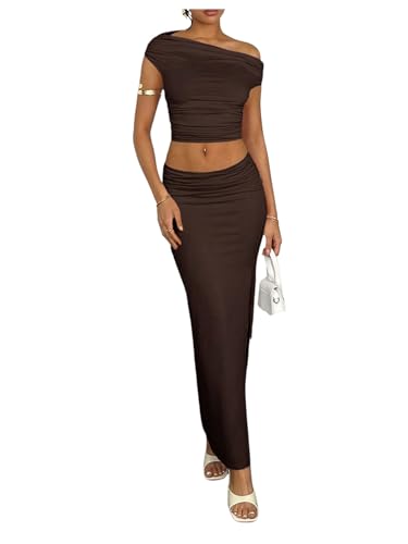 Floerns Women's 2 Piece Outfit Summer Off The Shoulder Top and Low Rise Split Maxi Skirt Set Coffee Brown Large