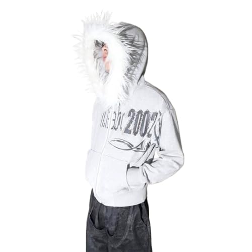 Monkay Women‘s Zip Up Hoodies Jackets Fur Hood Y2k Jacket Faux Fur Collar Graphic Top with Pockets Vintage Streetwear