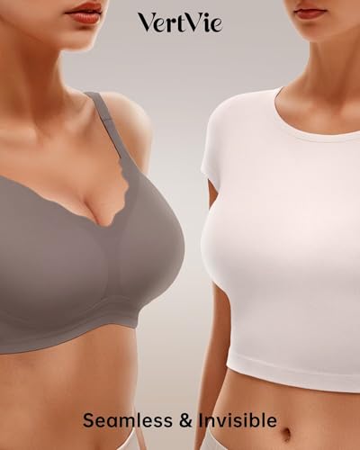 Image of Vertvie Women Seamless Jelly Bras No Underwire Supportive Wireless Push Up Full Coverage Bralette Comfy Scalloped T-Shirt Bra (Grey,Large)