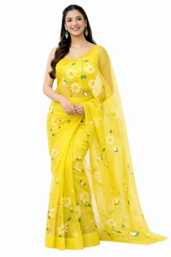 Jogal Women's Yellow Floral Organza Saree - Image 2