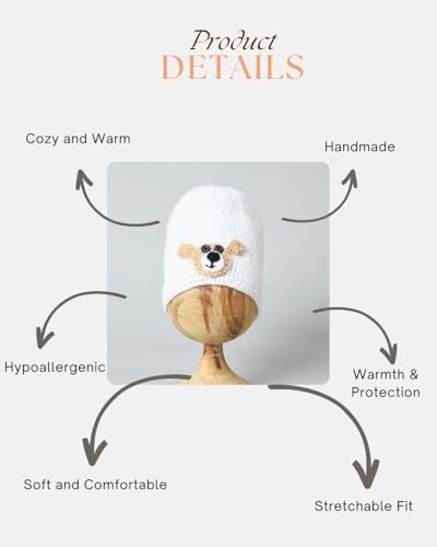 Image of Handmade Knitted Self Design Woolen Beanie Cap for Kids - White & Red 6-12 M | Winter Cap for Baby | FUNCAP56-6-12 M