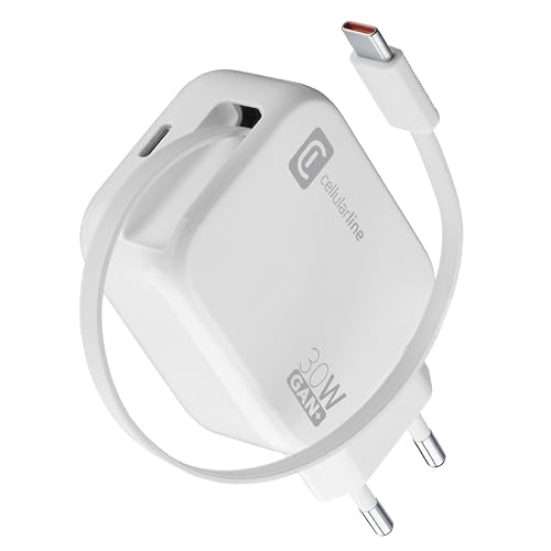 Cellularline Caricabatterie da Rete 30W con Cavo Retrattile USB-C 90cm, Tecnologia GaN, Doppia Porta USB-C Power Delivery, Compatto per Smartphone e Tablet, Bianco