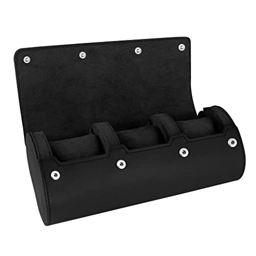 Image of Barton Leather Watch Roll for 3 Watches | Convenient Organizer Case for Travel & Storage | Fits Classic & Smart Watches (Up to 46mm) | Compact, Durable, Lightweight, Stylish - Black