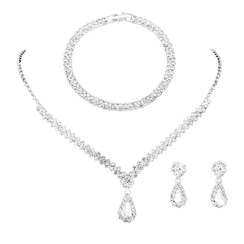 TOEECY Conjunto de Joyas Novia Cristal Collar Diamantes de Imitación de Plata Pulsera Pendientes Juegos de Joyas para Mujer Boda (#5)