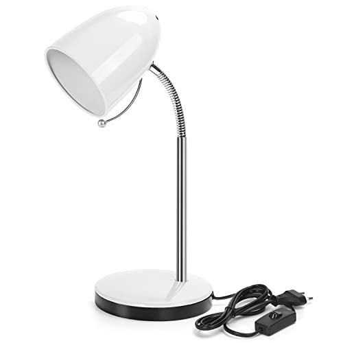 Aigostar Flexo Escritorio, Lampara Escritorio Retro Metálica E27, sin Bombilla, Ajuste Flexible, Cable 153 cm con Enchufe, Blanco