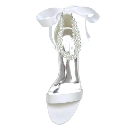 Wome's Open Toe Pearl Wedding Shoes High Heels,Satin Block Heel Ankle Strap Wedding Sandals,Chunky Heel Bridal Shoes Pumps3