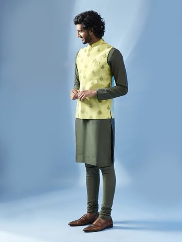 Image of KISAH Men's Kurta Jacket Churidar Set, Sea Green Art Silk, Embroidered Long Sleeves Regular Fit Mandarin Collar
