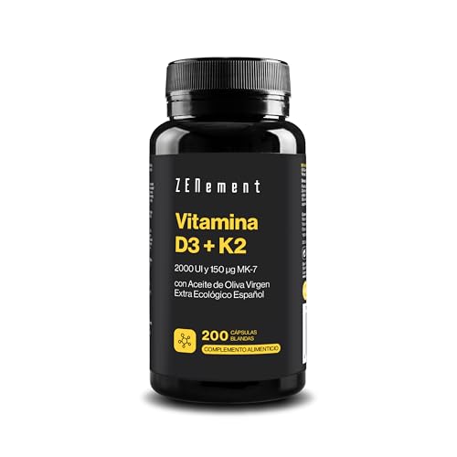 Vitamina D3 + K2 | Vitamina D3 2000UI Vitamina K2 MK7 150 µg Alta Biodisponibilidad, 200 Perlas con Aceite Oliva Virgen Extra Ecológico Español | Contribuye al Sistema Inmunológico, Huesos | Zenement
