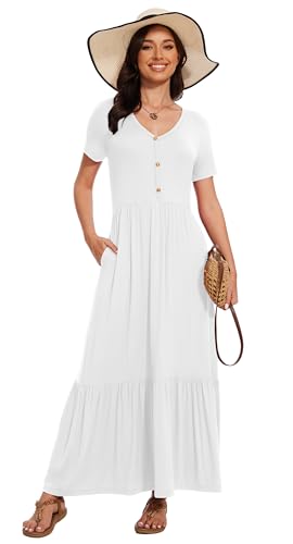 Image of VIISHOW Women's Short Sleeve Maxi Dress 2026 Summer V Neck Knit Loose Plain Empire Waist Casual Dresses with Pockets