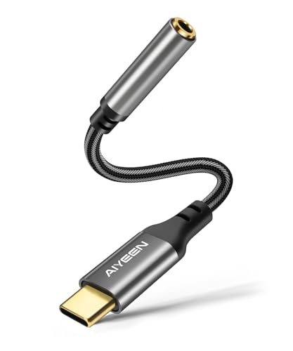 Image of USB C to 3.5mm Audio Adapter Cable, DAC Chip, Nylon Braided Type-C to Aux Stereo Converter with Gold-Plated Connector, Hi-Res Sound, 13cm - Grey