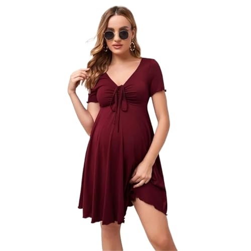 BDXMKS Ropa Premama Embarazada Vestidos de Maternidad de Verano, Color Puro, Escote en V, Sueltos, Tallas Grandes, Faldas for Embarazadas, Ropa Informal(Wine Red,S)