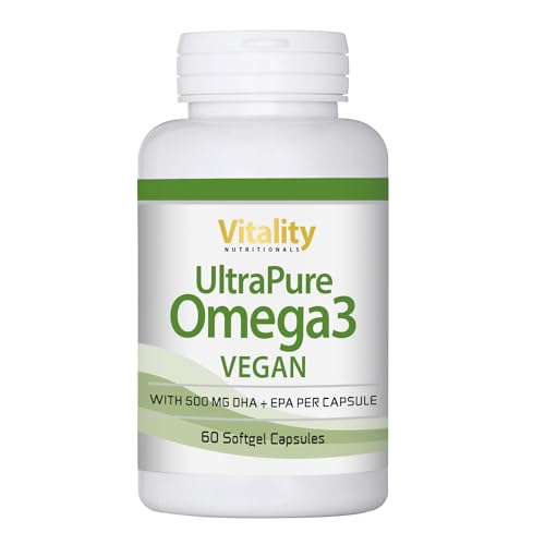 Veganes Omega 3 Hochdosiert aus Algenöl mit 375 mg DHA + 125 mg EPA Pro Kapsel (60 Stk) ohne Fischöl, ungesättigte Fettsäuren, Nahrungsergänzung ohne Zusätze Vitality Nutritionals by VitaminExpress