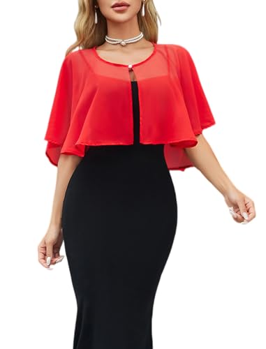 Womens Chiffon Shawl Wraps Shrug for Evening Dress Wedding Cape Bolero Flapper Party Cover Up Red One Size