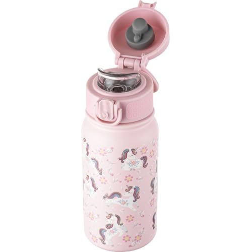 Image of GOPPUS Kids 12oz Insulated Stainless Steel Water Bottle, Leakproof Vacuum Tumbler with Carry Handle, Fits Cup Holders, Reusable Water Bottle for School Outdoor, Boys & Girls(Pink Unicorn)