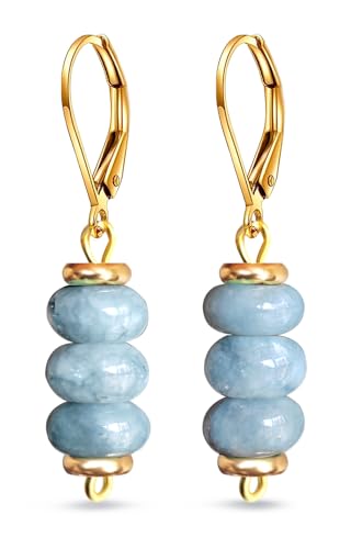 Natural Blue Aquamarine Quartz Stone Beads Drop Earrings,14K Yellow Gold Real Genuine Round Flat Disk Crystal Gemstone Beads Dangle Earrings,Beading Jewelry for Women (A03_Aquamarine)