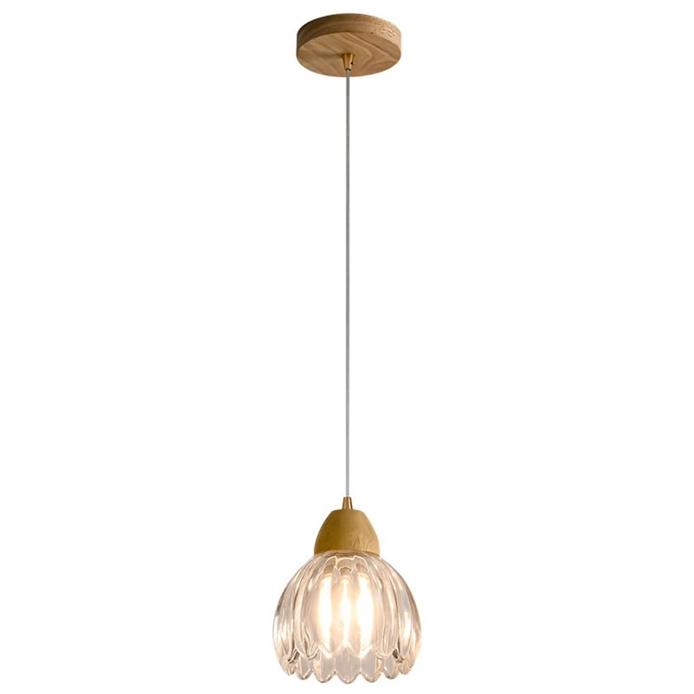 HUAYUSEDF Modern Scalloped Glass Pendant Light with Wood Base Ribbed Hanging Lamp for Bedside Kitchen Island Dining Room Lighting Nordic Minimalist Ceiling Fixture E26 5 Inch Adjustable Cord