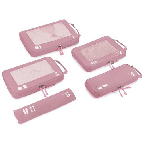 ECOHUB 5 Set Compression Packing Cubes for Suitcases Organiser Bags Travel Accessories with Shoes Bag Tear-resistant Travel Cubes with ID Tag Expandable Packing Bags(Pink)