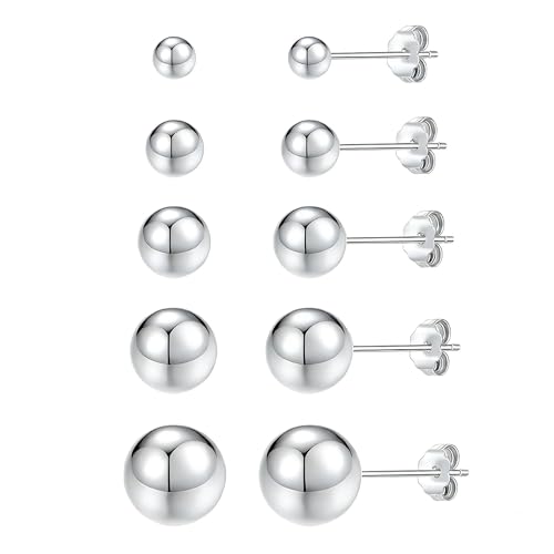 ToHeart 5 Pairs Silver Plated Stud Earrings for Women Hypoallergenic 14K Small Ball Stud Earrings Multiple Piercing Cartilage Earrings Set for Women 3mm 4mm 5mm 6mm 7mm