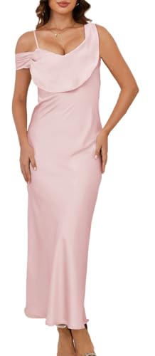 Satin Off The Shoulder Backless Maxi Dresses for Women Elegant Silk Spaghetti Strap Cowl Neck Formal Wedding Guest Dress - Main Image