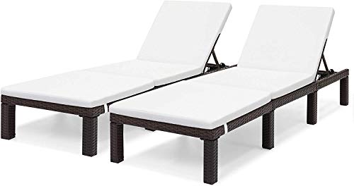 OAKVILLE FURNITURE 61702 Patio Outdoor Adjustable Pool Chaise Lounge Chair, Brown Wicker Beige Cushion