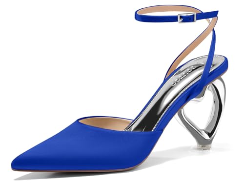 Coutgo Womens Kitten Heels Closed Pointed Toe Heart Heel Ankle Strap Satin Pumps Wedding Prom Dress Shoes Royal Blue Size 7.5
