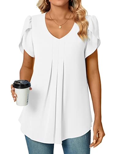 Bestbee Womens Dressy Chiffon Blouses Shirts V Neck Short Sleeve Tunic Tops Summer Casual T-Shirts With Pleated Strech, 2Xl, White #TOP1