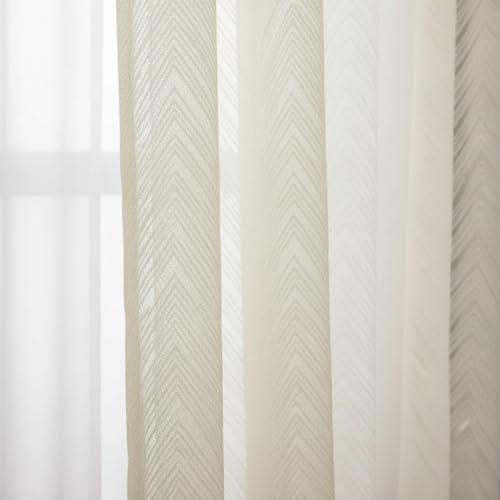 Image of Net Curtains Semi Transparent Sheer Curtain /Zigzag Pattern Door Curtain 7 Feet Long Set of 2 Pcs, Window, Long Door, Living Room Parde, Cream Color